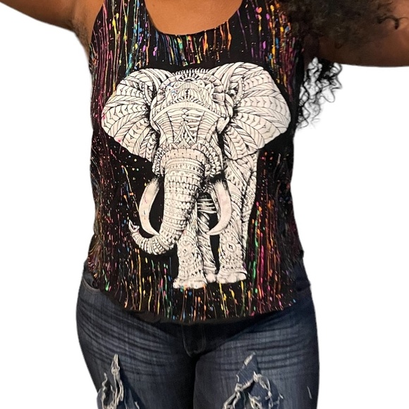 NWOT Loose Lucy's Colorful Elephant Illustration Art Tank Top M/L - Picture 3 of 9